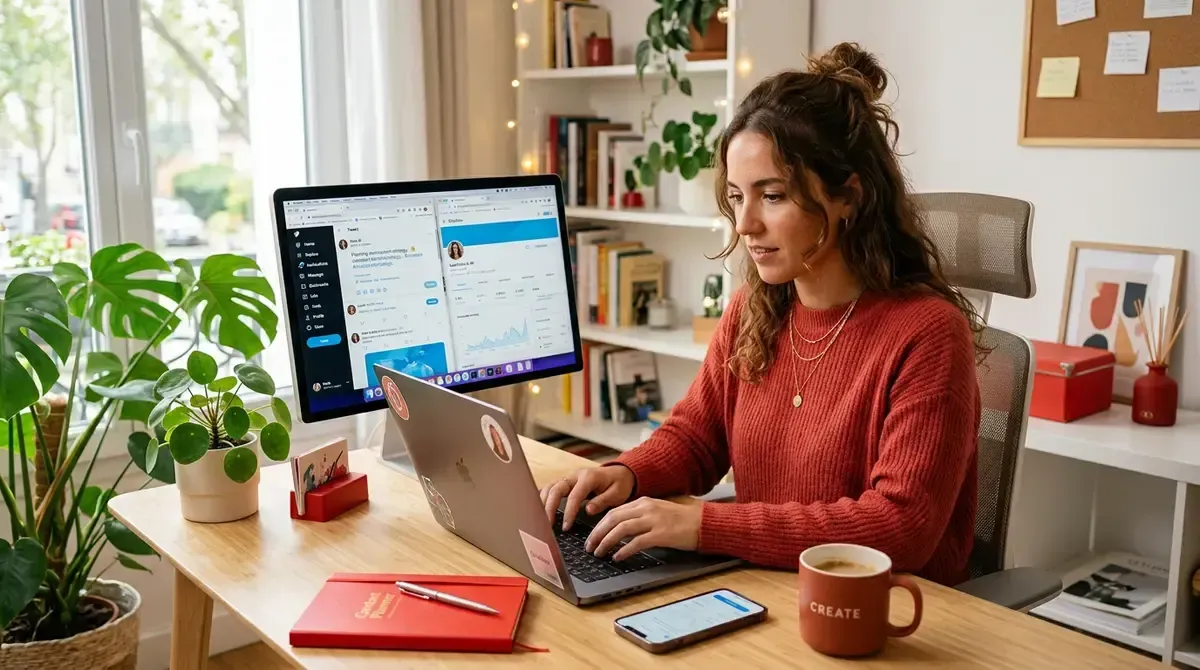 Creadora trabajando en su estrategia de Twitter