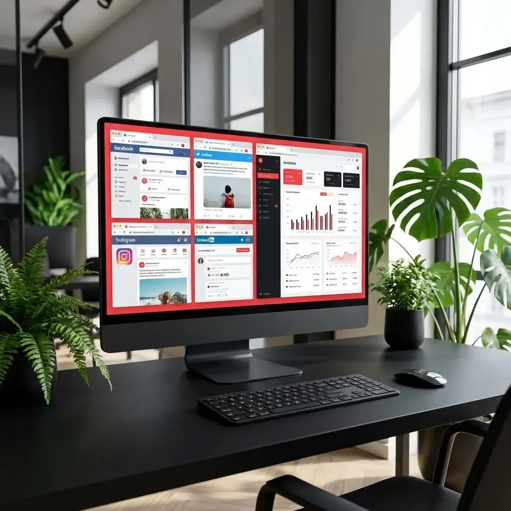 Écran d’ordinateur affichant plusieurs réseaux sociaux ouverts simultanément, tableau de bord analytics visible, ambiance bureau moderne avec plantes vertes