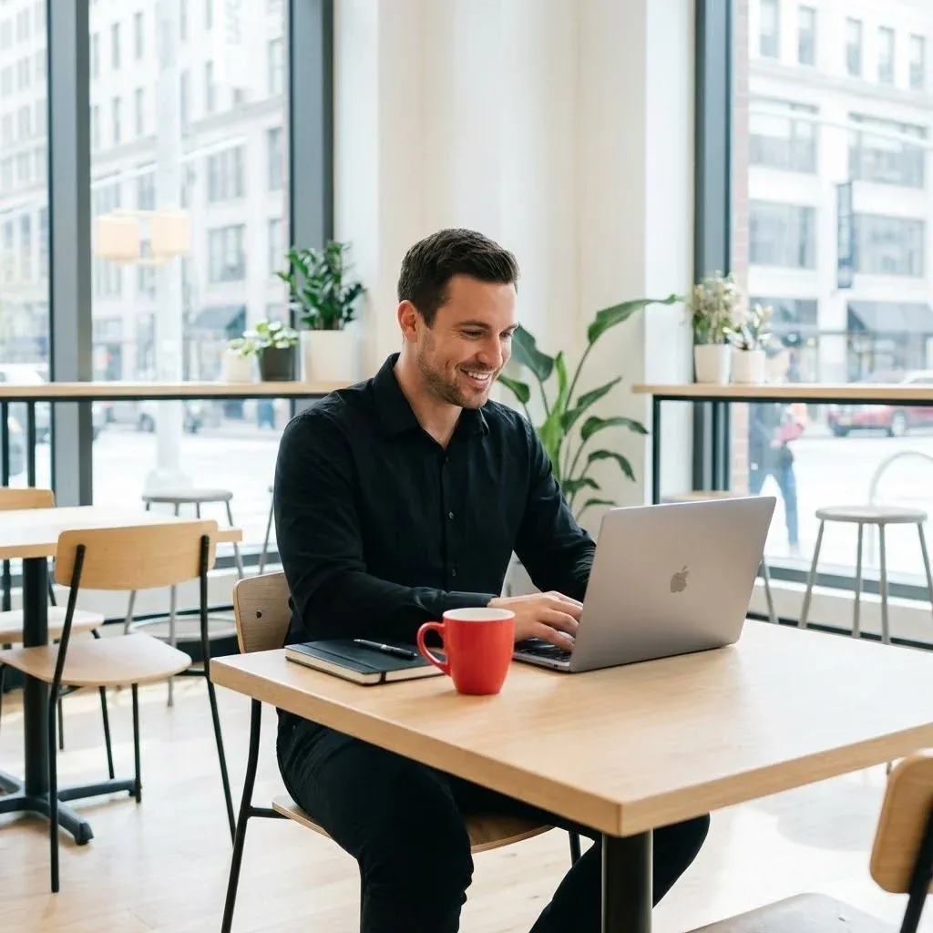 Homme confiant travaillant sur son ordinateur portable dans un environnement moderne et lumineux, ambiance professionnelle et décontractée, style photographie lifestyle épuré