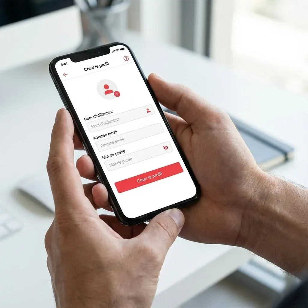 Interface de création de profil sur smartphone, écran lumineux montrant des champs de formulaire, mains masculines tenant le téléphone, fond neutre et moderne